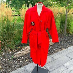 Vintage 80s 90s Oversized Red Belted Dolman Sleeve Trench Overcoat Duster